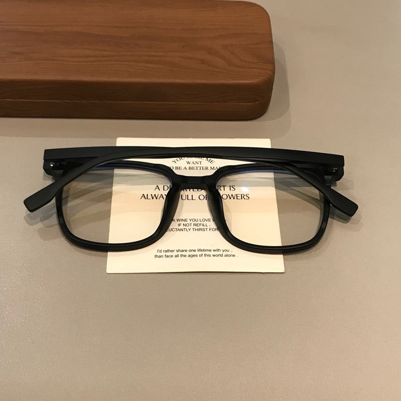 Geometric Square Eyeglass Frames with Angled Corners, Black Finishes o lens detail