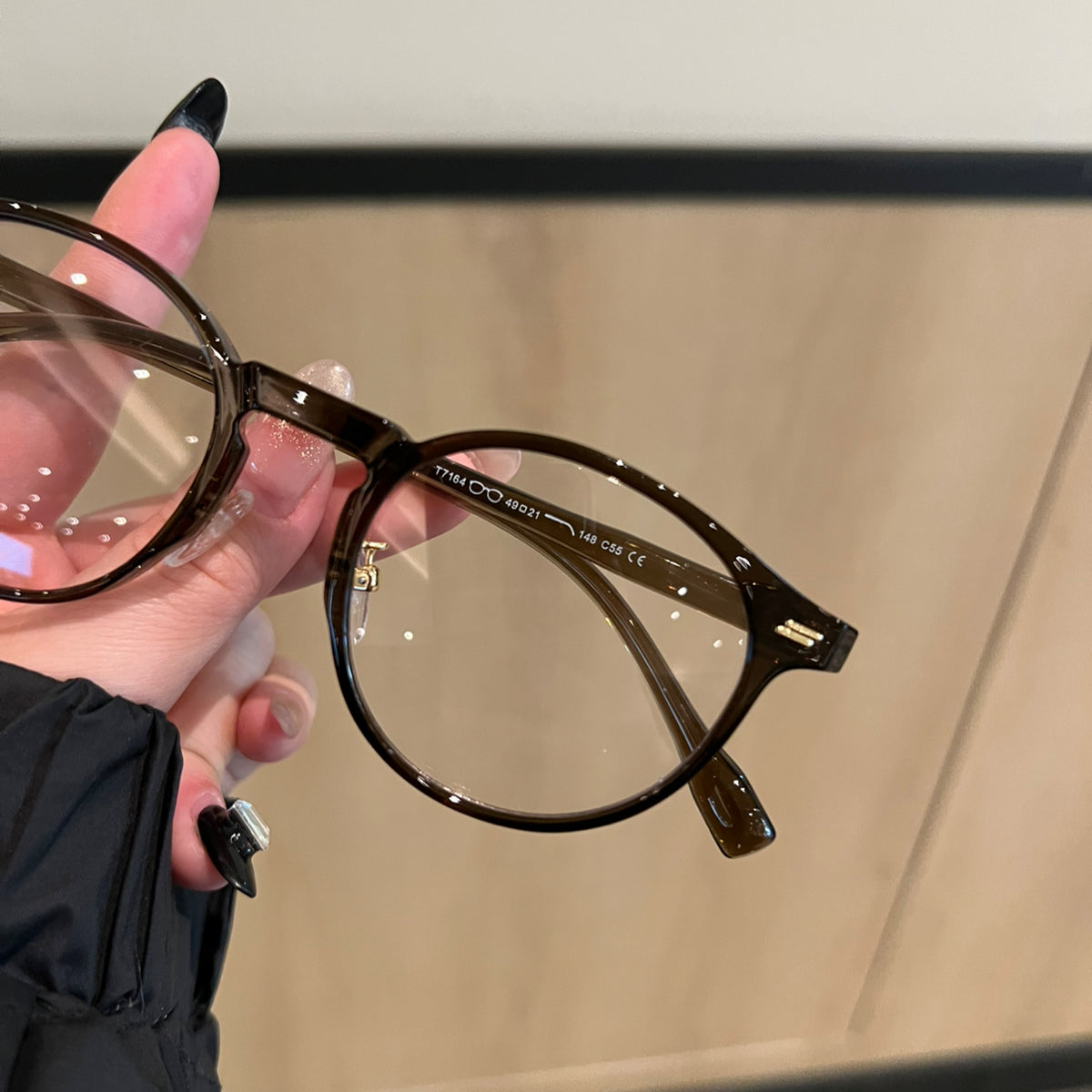 Rounded Cat-Eye Eyeglass Frames with Raised Outer Corners, Caramel Tea frame detail