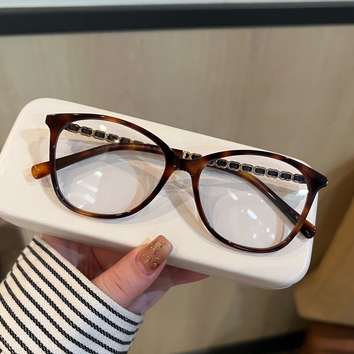 Cat-Eye Eyeglass Frames with Chain-Style Temple Details, Black or Tortoiseshell