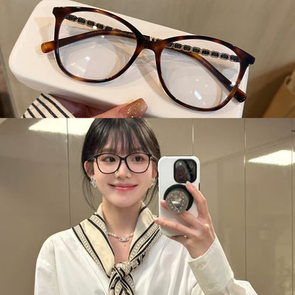 Cat-Eye Eyeglass Frames with Chain-Style Temple Details, Black or Tort front view