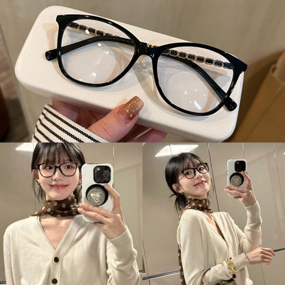 Cat-Eye Eyeglass Frames with Chain-Style Temple Details, Black or Tort frame detail