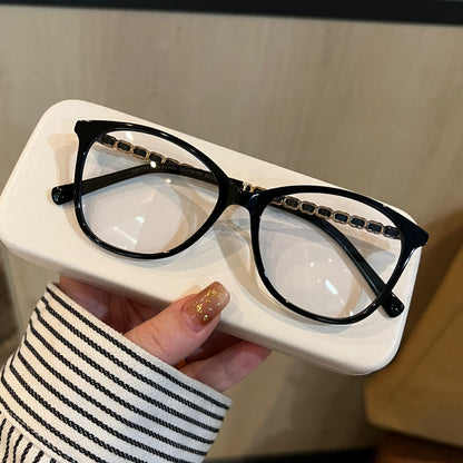 Cat-Eye Eyeglass Frames with Chain-Style Temple Details, Black or Tort lens detail