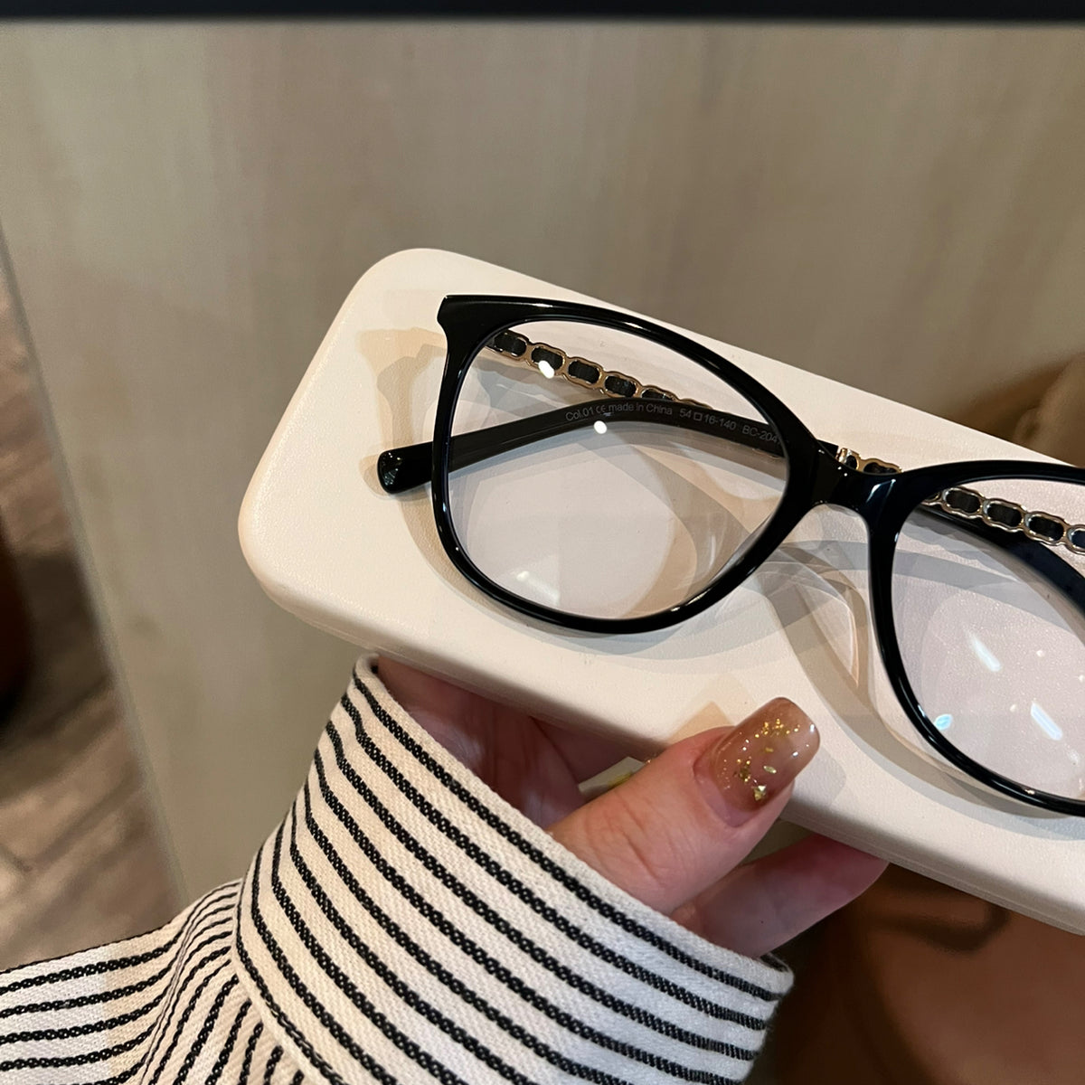 Cat-Eye Eyeglass Frames with Chain-Style Temple Details, Black or Tortoiseshell