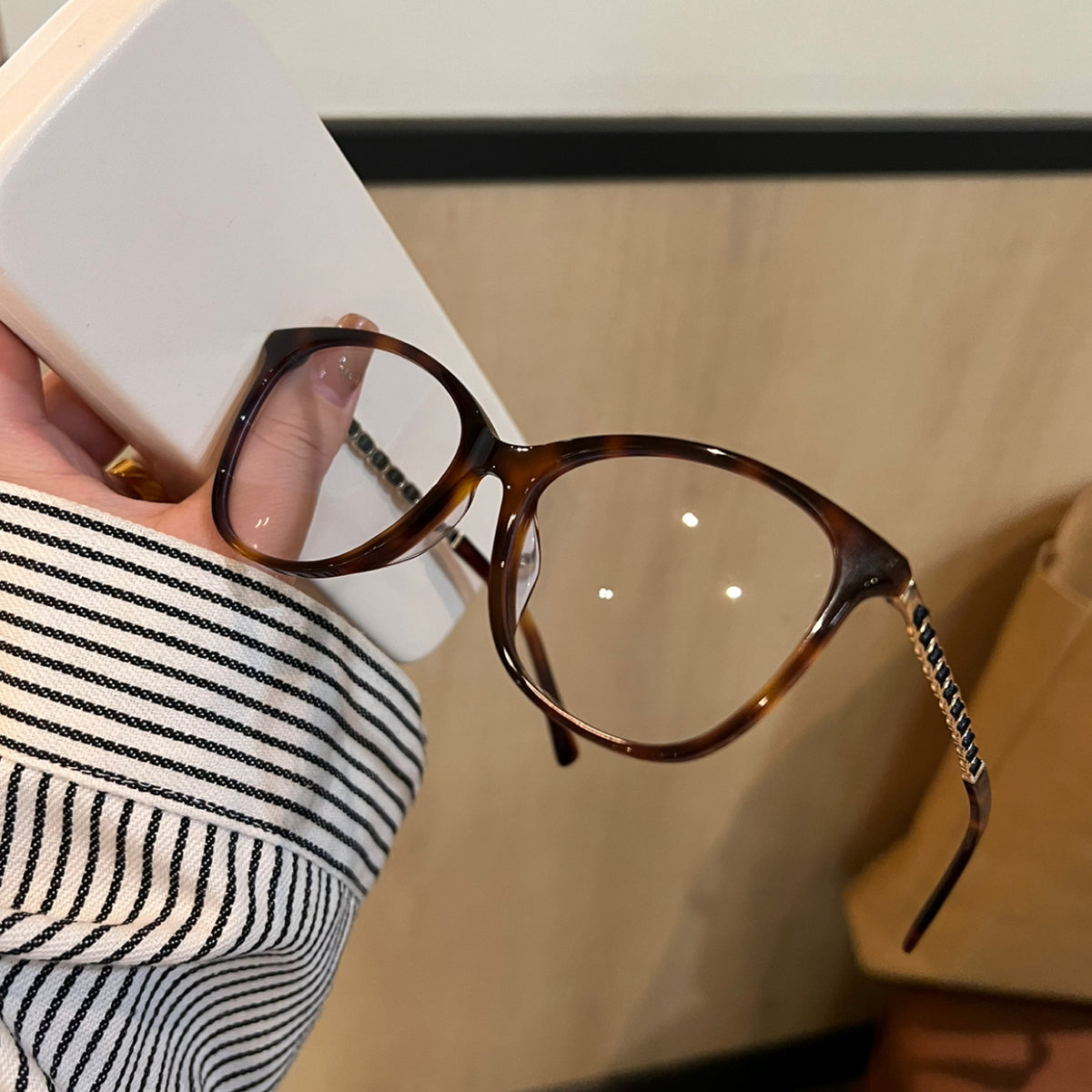 Cat-Eye Eyeglass Frames with Chain-Style Temple Details, Black or Tort additional product view