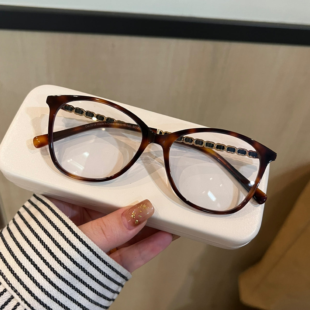 Cat-Eye Eyeglass Frames with Chain-Style Temple Details, Black or Tortoiseshell