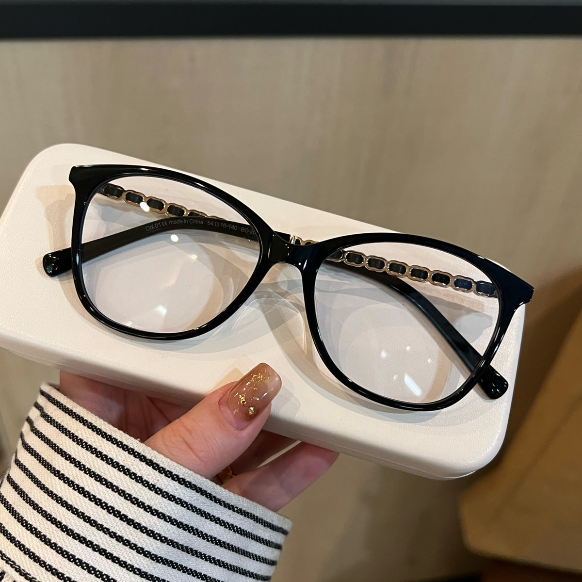 Cat-Eye Eyeglass Frames with Chain-Style Temple Details, Black or Tortoiseshell