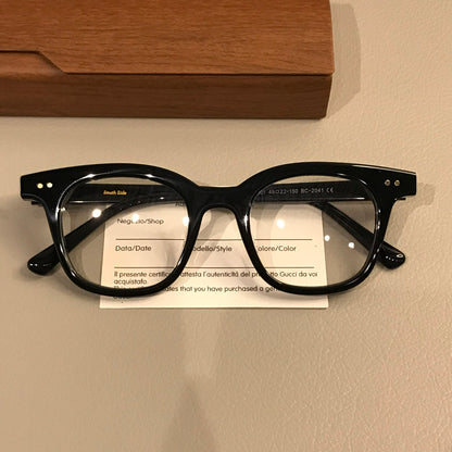 Retro Rectangular Eyeglass Frames with Paired Corner Rivets, Tortoises lens detail