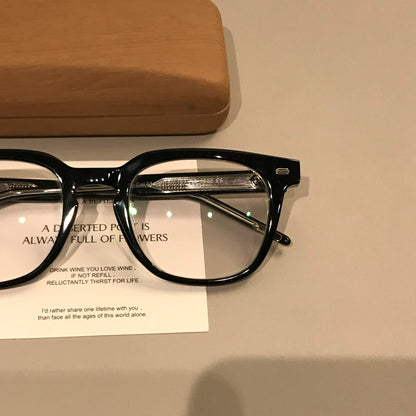Men's Thick-Rim Rectangular Eyeglass Frames, Black temple detail