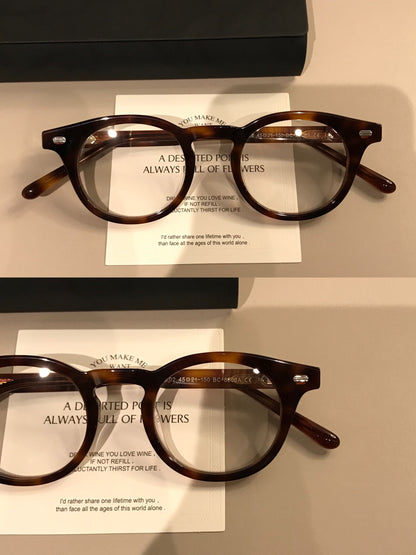 Retro Round Eyeglass Frames with a Broad Upper Rim, Tortoiseshell or G lens detail