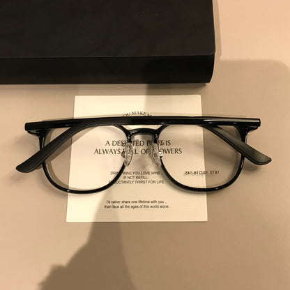 Compact Round Eyeglass Frames with Corner Accents, Black, Latte Brown temple detail