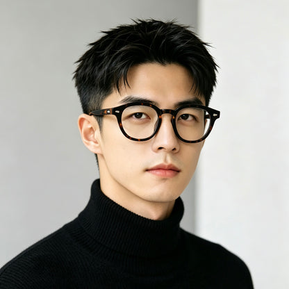 Men's Boston-Style Oval Eyeglass Frames with Thick Rims, Black or Tort front view