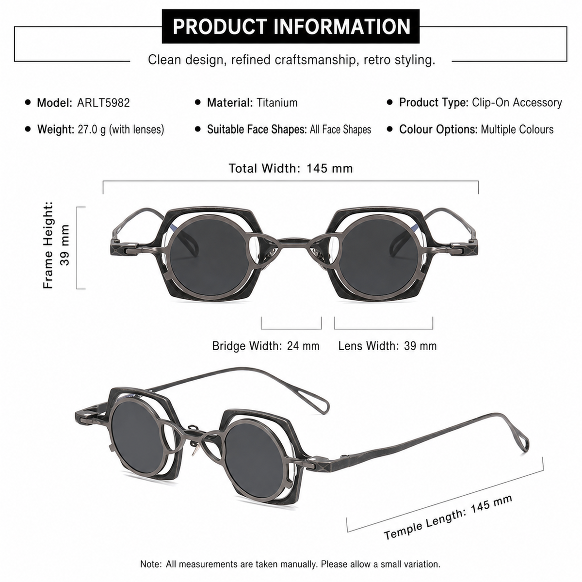 Cinily size chart — magnetic-clip-on-pure-titanium-eyeglasses-polarised-sun-clip
